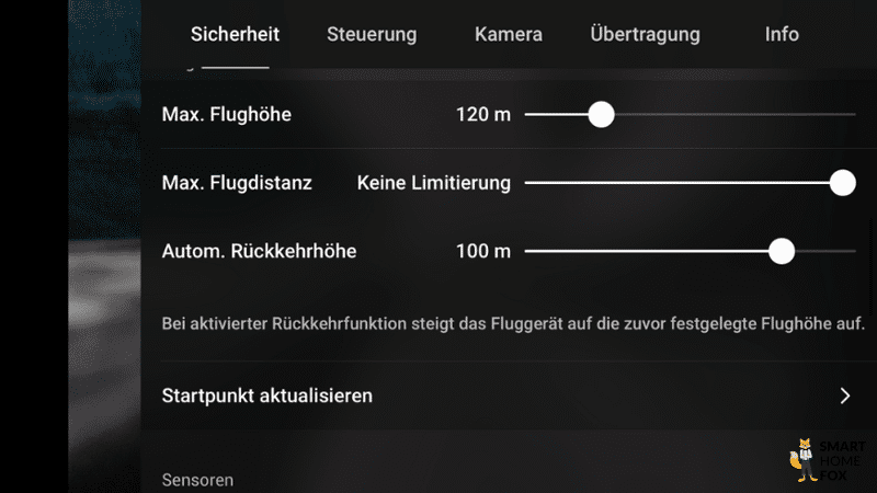 Die Einstellungen (Rückkehrhöhe) für die Return to Home Funktion in der DJI Fly App.